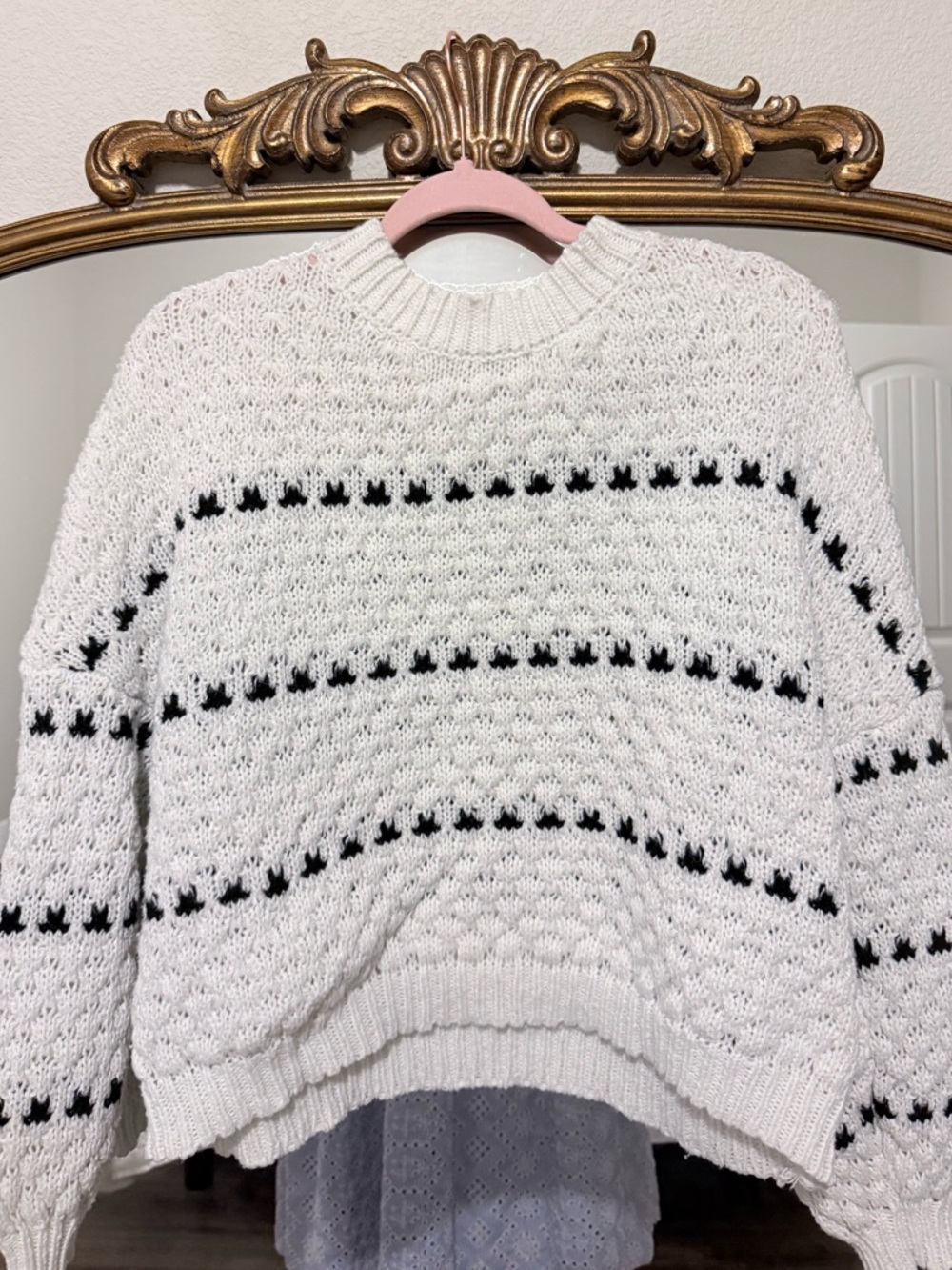 Women's Cream Knit Sweater with Black Dot Stripe